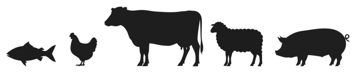 Livestock animal silhouettes Fish Chicken Cow Sheep and Pig icon set vector illustration