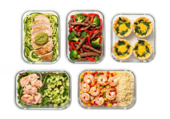 Meal prep containers with varied food isolated on transparent background
