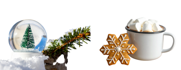 Snow Globe and Frosted Pine Branch Pair, isolated on transparent background