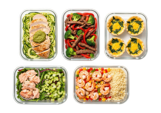 Meal prep containers with varied food isolated on transparent background