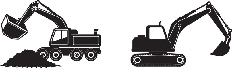 Heavy construction equipment, excavators loading dirt, isolated on