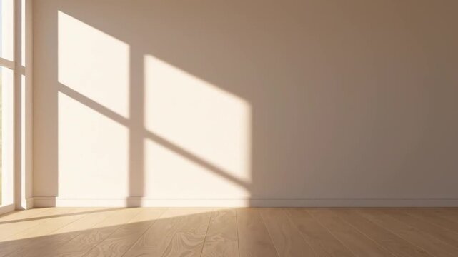Sunlight shadow moving across a minimalist empty room wall