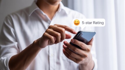 Online Review Interaction: An individual interacts with a digital review platform on a mobile phone, highlighting the significance of customer feedback and satisfaction.