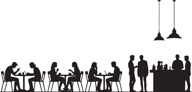 Silhouettes of people in a bustling cafe or restaurant, isolated on