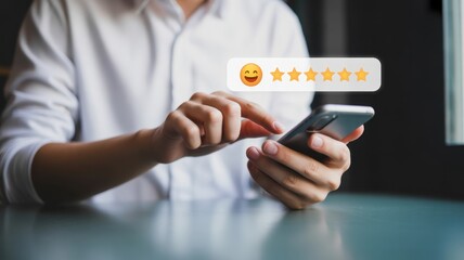 Digital Smile of Satisfaction: A person's hand engaged with a smartphone screen, indicating a perfect rating and showcasing the delight in a digital customer experience.