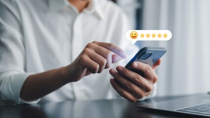 Digital Delights: Close-up of hands interacts with a smartphone, showing a five-star review indicating positive feedback and a high level of satisfaction.