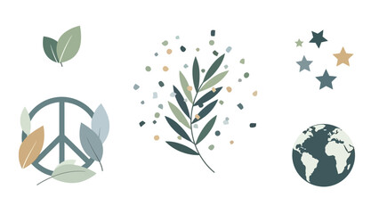 Collection of various nature-themed illustrations, including leaves, peace symbol, and earth globe.