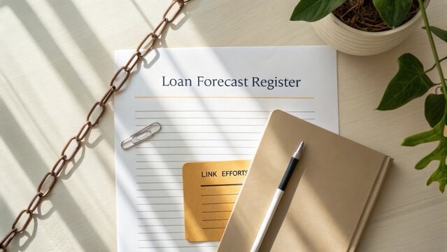 Detailed Loan Forecast Register Document on Modern Desk with Notebook, Pen, Paperclip, and Green Plant in Bright Light