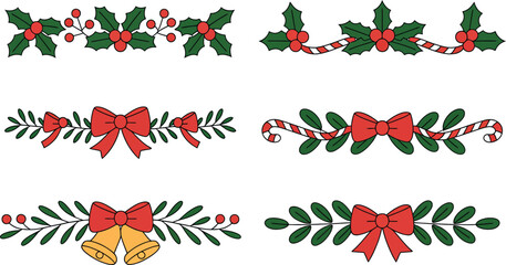 Festive Christmas Decorative Borders with Holly, Bows, Bells, and Candy Canes