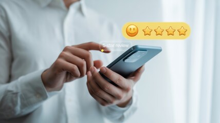 Customer Feedback on Smartphone: An individual's hands expertly navigate a smartphone, interacting with an interface, highlighted by a display of glowing stars.