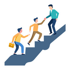 Employees giving hands and helping colleagues to walk upstairs. Team giving support, growing together. Vector illustration for teamwork, mentorship, cooperation concept See Less

