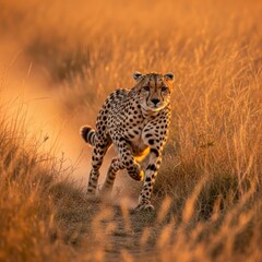 Naklejka premium Cheetah running through tall dry grass at sunset in the African savanna.