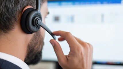 Effective Communication: A focused professional, headset in place, expertly navigates a computer interface, embodying the art of clear communication.