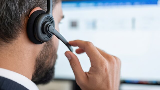 Effective Communication: A focused professional, headset in place, expertly navigates a computer interface, embodying the art of clear communication.