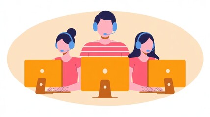 Customer Support: A trio of dedicated customer support representatives focused on providing assistance and solutions, creating a welcoming and helpful environment.