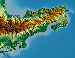 Aerial view of a coastal terrain with varying elevations, including mountains and shorelines