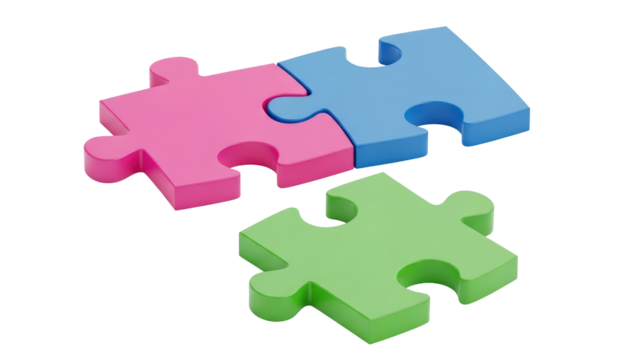 Colorful 3d puzzle pieces demonstrating connection and teamwork isolated on transparent background