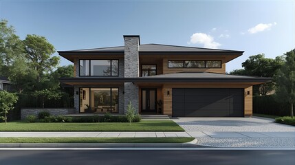 Contemporary House with Wood and Stone Accents