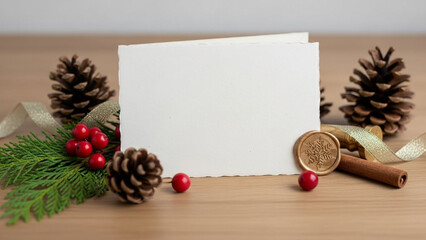 Fototapeta premium Blank white holiday greeting card mockup surrounded by festive natural decorations, pinecones, berries, evergreen, and a snowflake wax seal on wood.