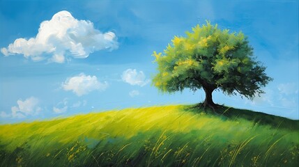 Lone Tree on a Grassy Hill Painting