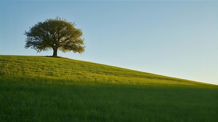 Vibrant Green Hill with a Single Tree