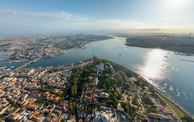 Istanbul, Turkey. European and Asian shores, Fatih district on historical peninsula, Golden Horn and Bosphorus waterway. Aerial view