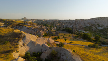 Goreme, Nevsehir, Turkey. Exploratory low flight over Love Valley terrain showing intricate details...