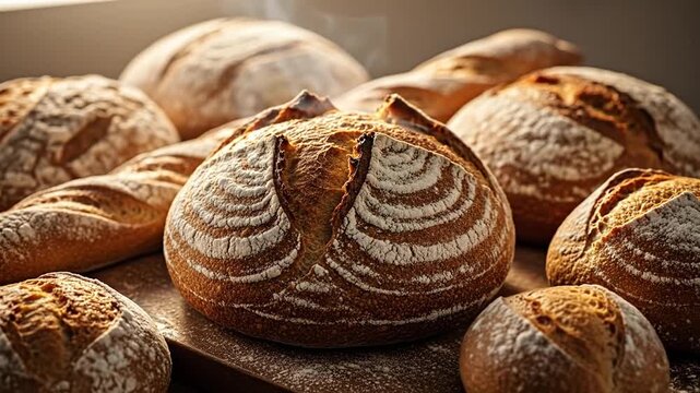 Close-Up of Assortment of Freshly Baked Crusty Breads on Wooden Surface with Sunlight