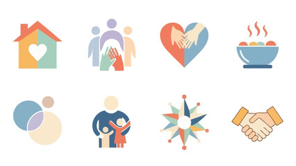 A collection of colorful, textured icons representing concepts of community, family, support, and charity.