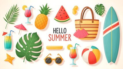 Summer vacation essentials beach drinks and tropical vibes illustration