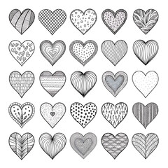 Collection of hand drawn heart shapes with various textures silhouette