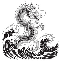 Black and white illustration of a dragon emerging from stylized waves vector