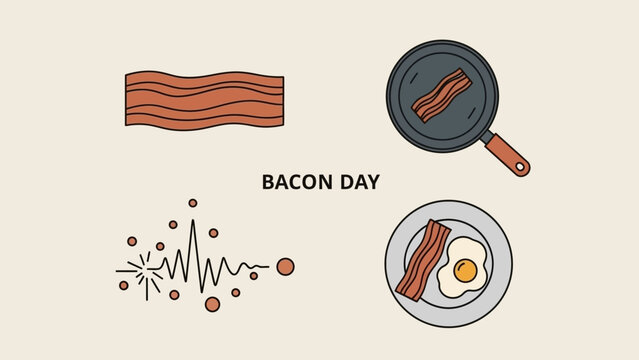 Illustration celebrating Bacon Day, featuring bacon strips, a frying pan, and a plate with an egg.