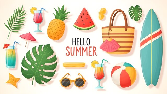 Summer vacation essentials beach drinks and tropical vibes illustration