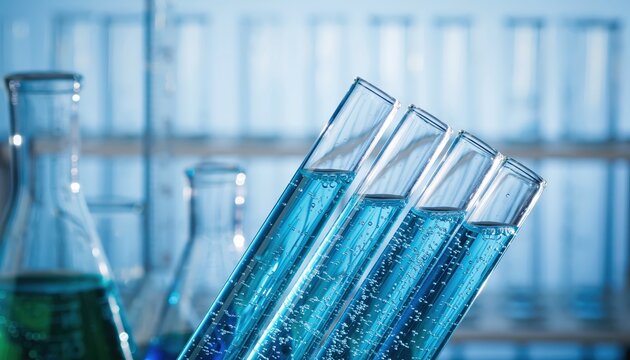 Angled view of several test tubes filled with a vibrant bubbling blue liquid in a science research laboratory
