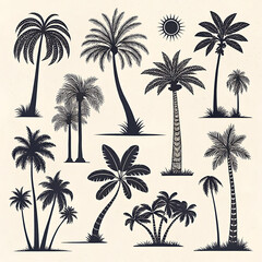 Collection of diverse palm tree silhouettes silhouette