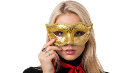 Young woman with blonde hair holds a golden masquerade mask isolated on transparent background