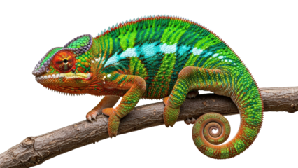 Vibrant chameleon perches on branch, showcasing colorful scales isolated on transparent background