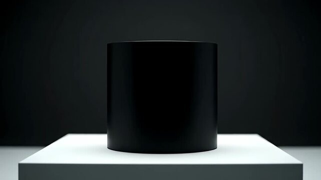 A Black Cylinder Object Centered On A White Pedestal With A Dark Gradient Background And Studio Lighting