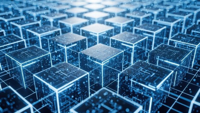 Blue glowing abstract data blocks with digital circuit patterns and light effects