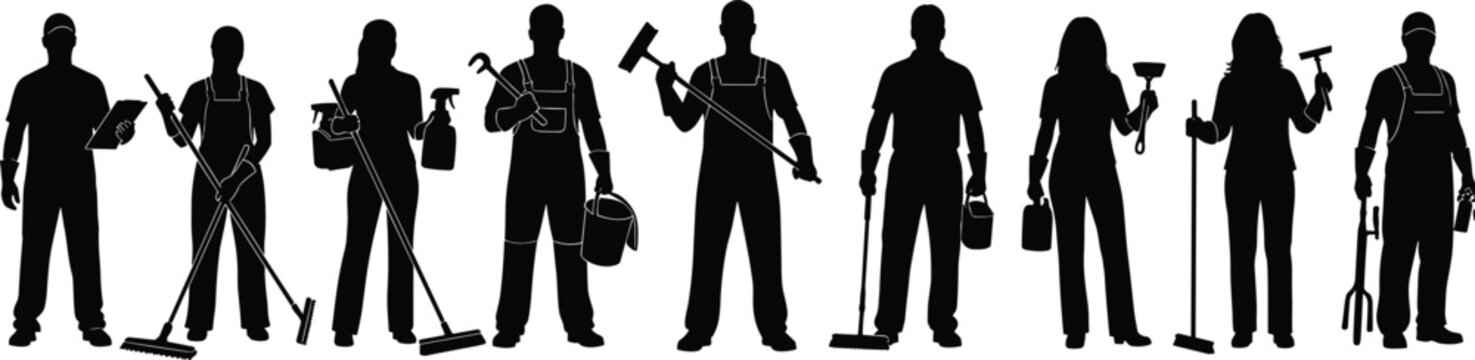 Large group of professional cleaners and janitors holding various cleaning equipment tools like mops, buckets, and squeegees, silhouette vector illustration for service and labor content.