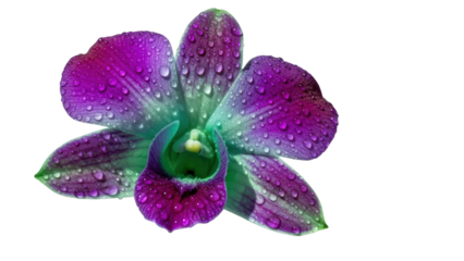 Exotic vibrant orchid bloom showing fresh dew on purple petals isolated on transparent background
