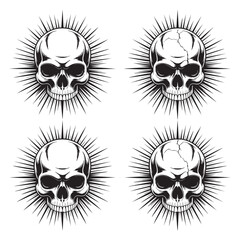 Four Black and White Skull Illustrations with Radiant Sunbursts human skull skeleton