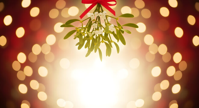 Mistletoe bunch with red ribbon hanging against a festive background of blurred golden and red bokeh lights.