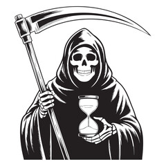 Grim Reaper skeleton holding hourglass and scythe black and white illustration death