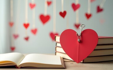 Paper books and red heart connected by clips. High quality