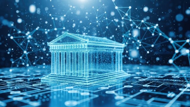 Digital bank building on circuit board with network connections representing fintech