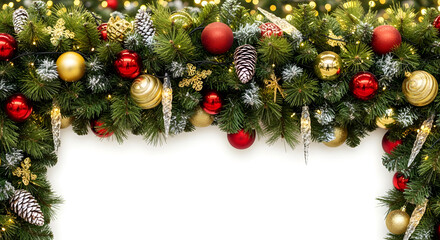Festive Christmas garland with ornaments, pine cones, and lights, creating a holiday decoration.