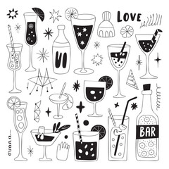 Hand drawn black and white cocktail drinks and bar elements beverage glass