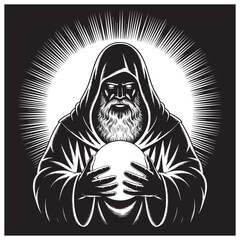Hooded man with beard holding glowing orb radiating light rays wizard sorcerer